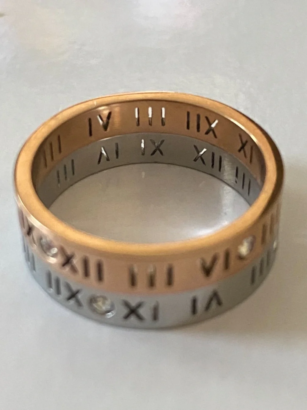 Roman Numeral Stainless Steel Rings with Crystals - Rose Gold & Silver